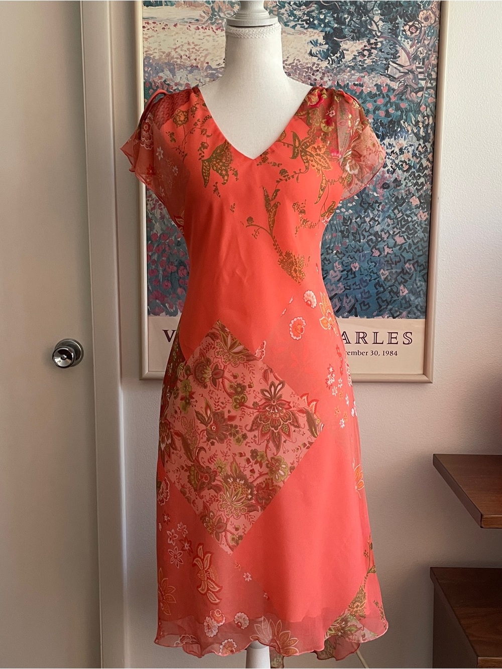 Vintage Floral Chiffon Midi Dress M Paisley Flutter Sleeve Fairy Mermaid 90s